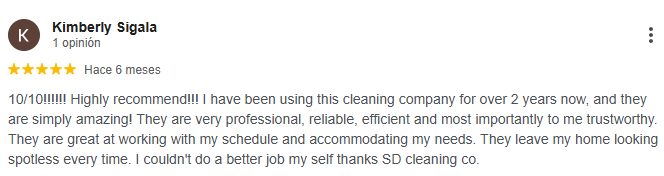 Customer review praising San Diego house cleaning service 1