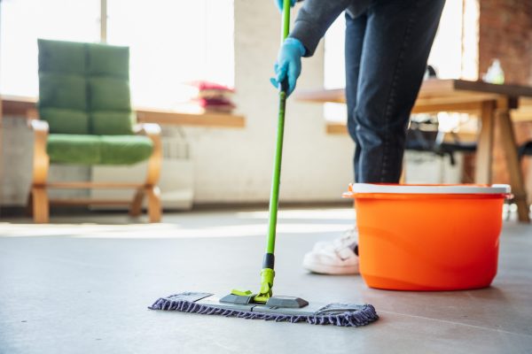 Disinfecting in home during epidemic - prevention and protection of coronavirus spreading. Protect respiratory system against pneumonia, COVID-19. Sanitizers, face mask, gloves.